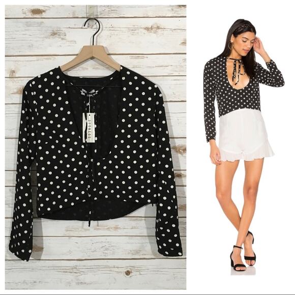 NWT REVOLVE X LIONESS Take the Plunge Polka Dot Top - Black - Medium - Picture 1 of 15